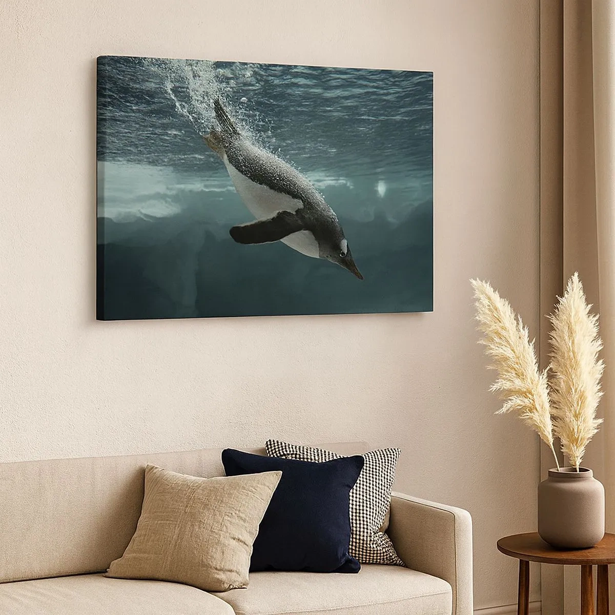 Canvas picture - A penguin diving into the depths of icy water - 70x50cm - Welcome to My World - Modern wall decoration for the living room and bedroom ARTTOR