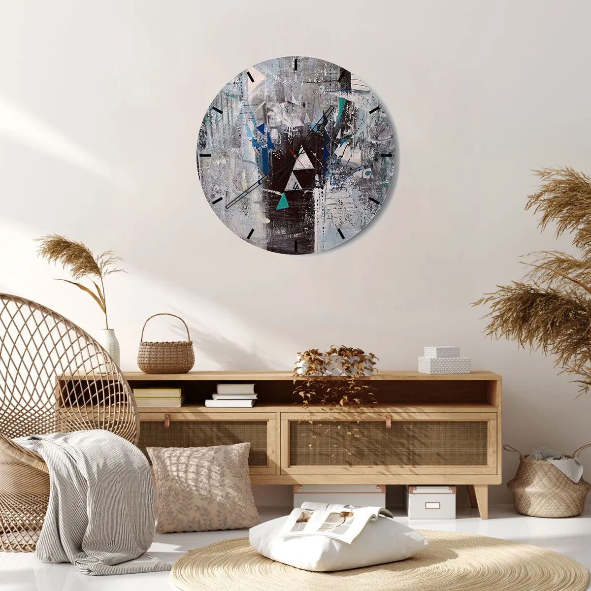 Wall clock - Clock on glass - An abstract painting in shades of gray and blue - 30x30cm - Superior Order of Triangles - Modern wall decoration for the living room, kitchen, and bedroom ARTTOR