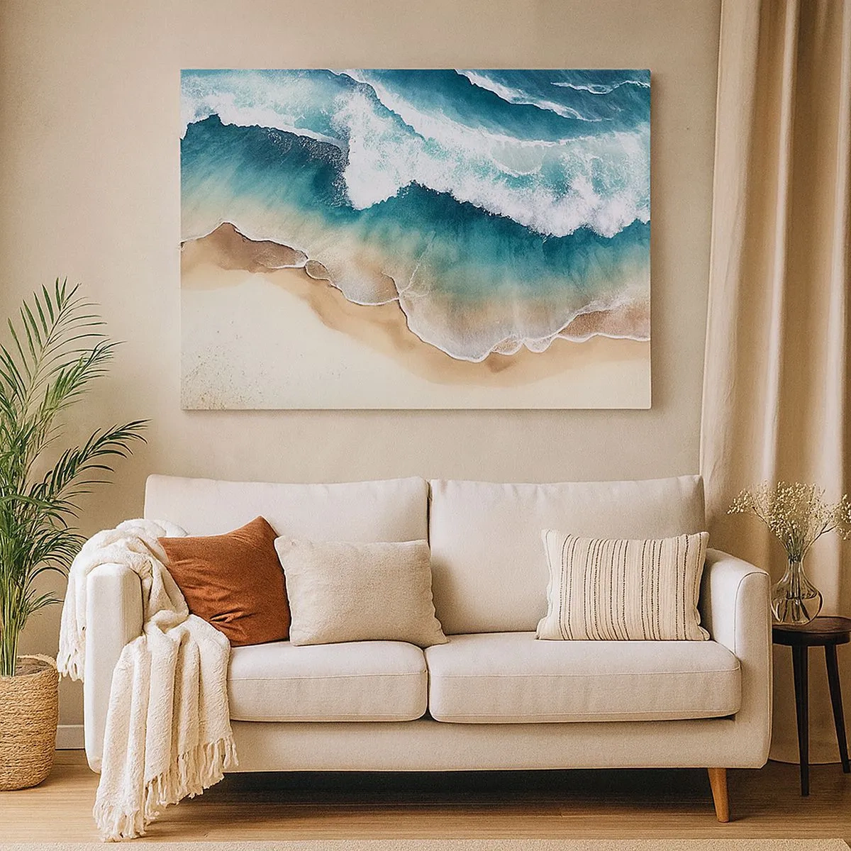 Canvas picture - View of the beach and sea waves in shades of turquoise - 70x50cm - Eternal Encounter - Modern wall decoration for the living room and bedroom ARTTOR