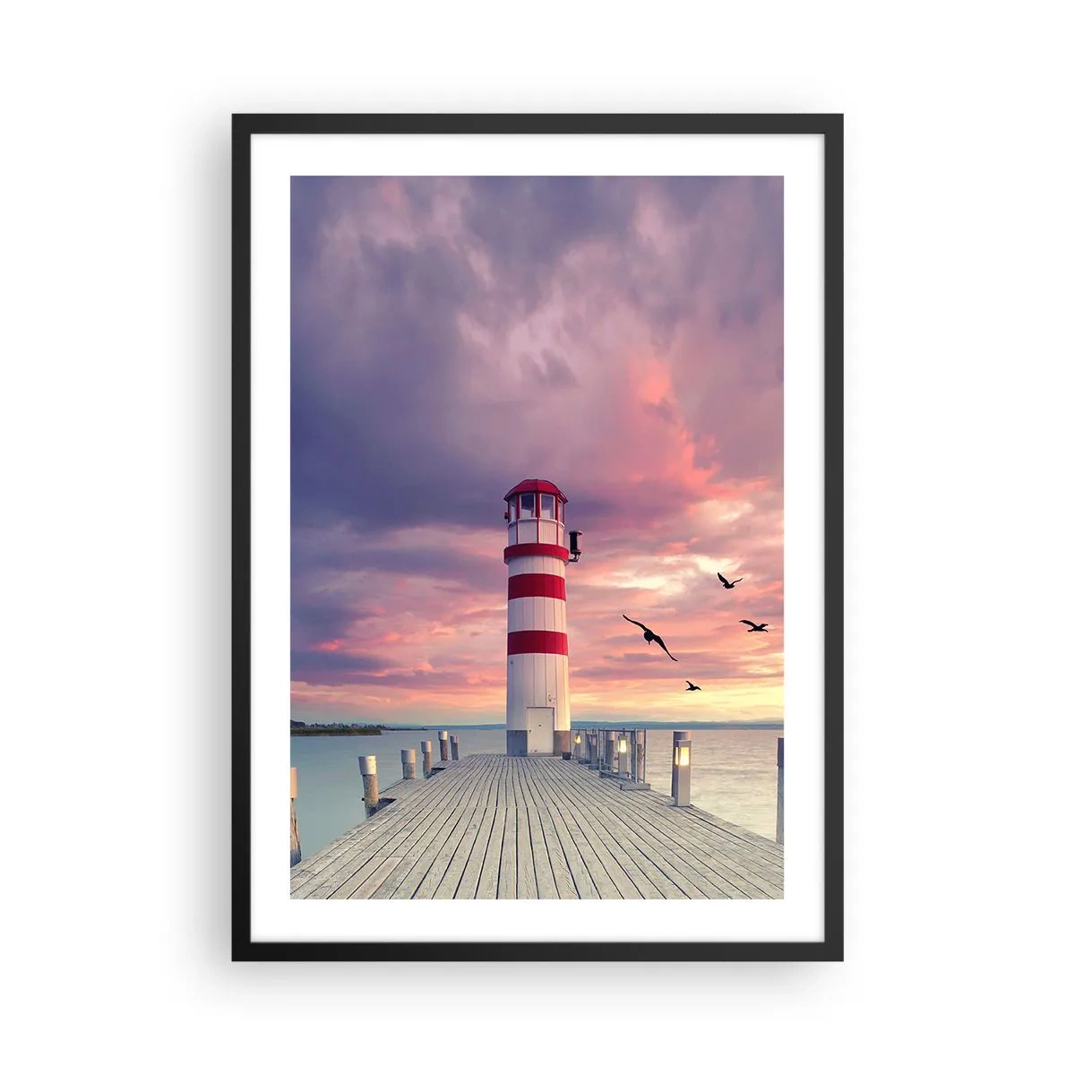 Poster in black frame - Lighthouse against the backdrop of the sunset - 50x70cm - Time for Port - Modern wall decoration for the living room and bedroom ARTTOR