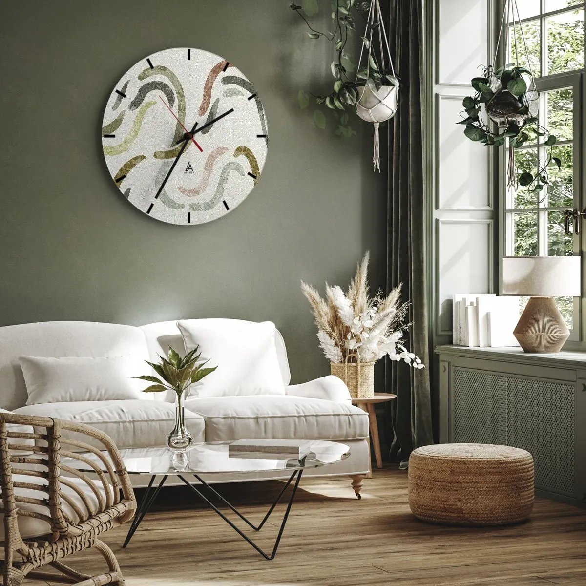 Wall clock - Clock on glass - Organic brushstrokes in earthy tones - 30x30cm - Cheerful Dance of Abstraction - Modern wall decoration for the living room, kitchen, and bedroom ARTTOR