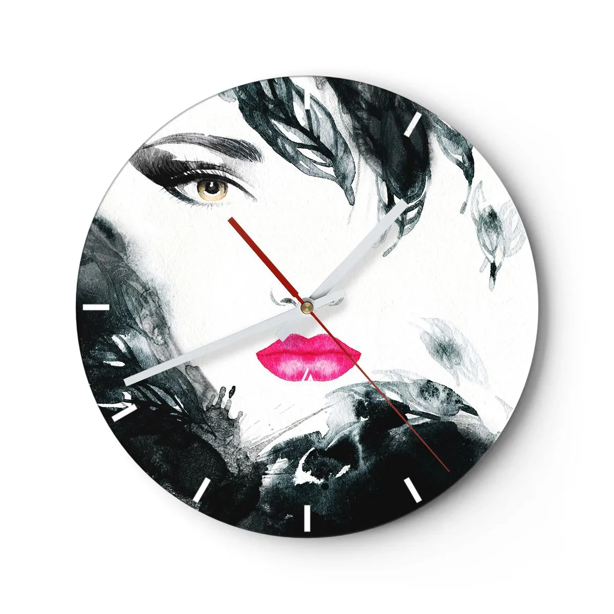Wall clock - Clock on glass - Artistic portrait of a woman with expressive lips and eyes - 30x30cm - Watch out for Femme Fatale! - Modern wall decoration for the living room, kitchen, and bedroom ARTTOR