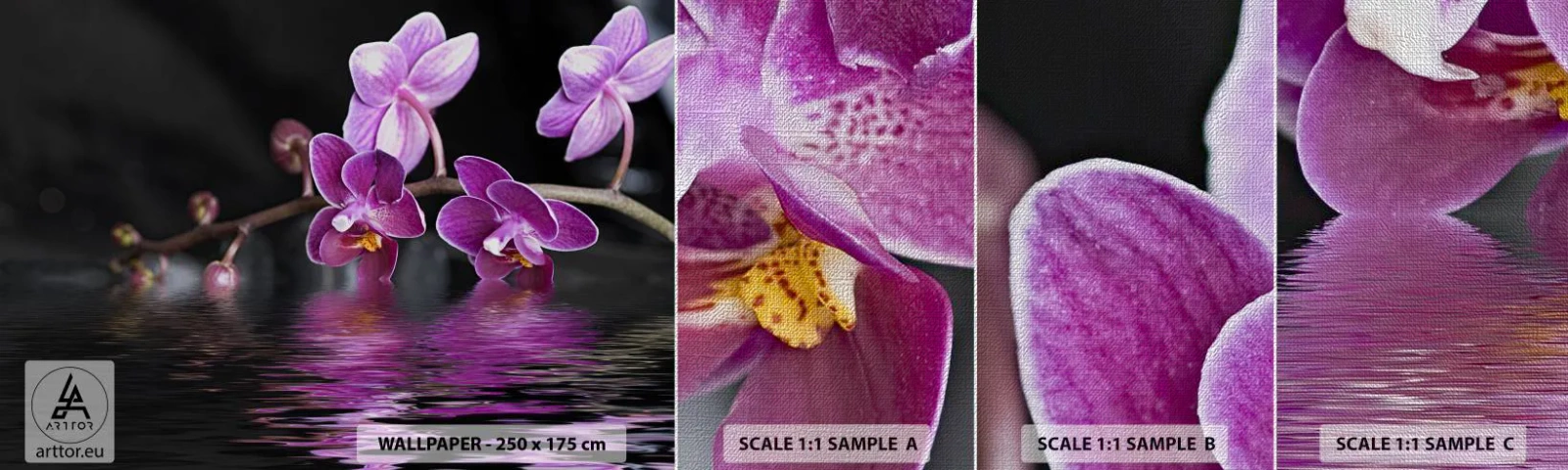 Photo Wallpaper Sample Premium Canvas - Lilac Reflection of Beauty - Flowers, Orchid, Nature - 100x30 cm