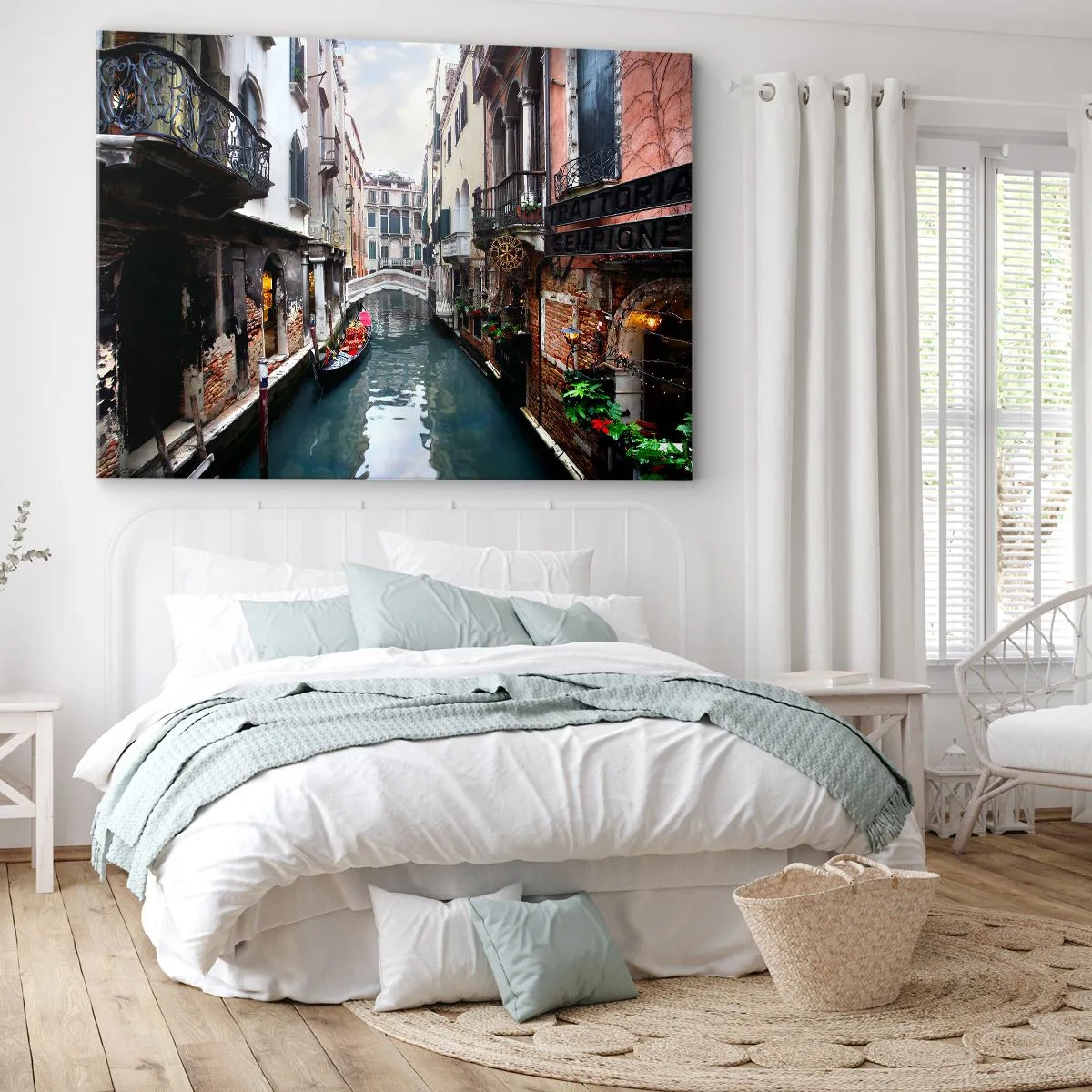 Canvas picture - canal in Venice with a gondola and historic buildings - 70x50cm - Venetian View with a Gondola and a Bridge - Modern wall decoration for the living room and bedroom ARTTOR