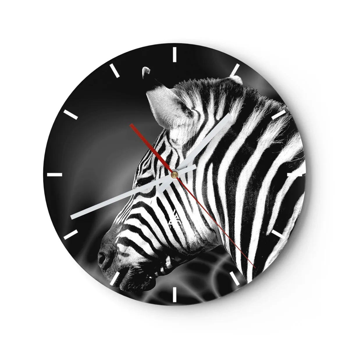 Wall clock - Clock on glass - Black and white close-up of a zebra against a contrasting background - 30x30cm - White Is White, and Black Is Black - Modern wall decoration for the living room, kitchen, and bedroom ARTTOR