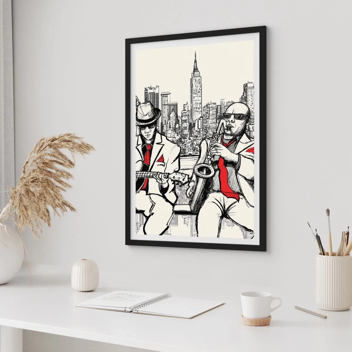 Poster in black frame - Two jazz musicians against the backdrop of the city skyline - 50x70cm - New York Improvisation - Modern wall decoration for the living room and bedroom ARTTOR
