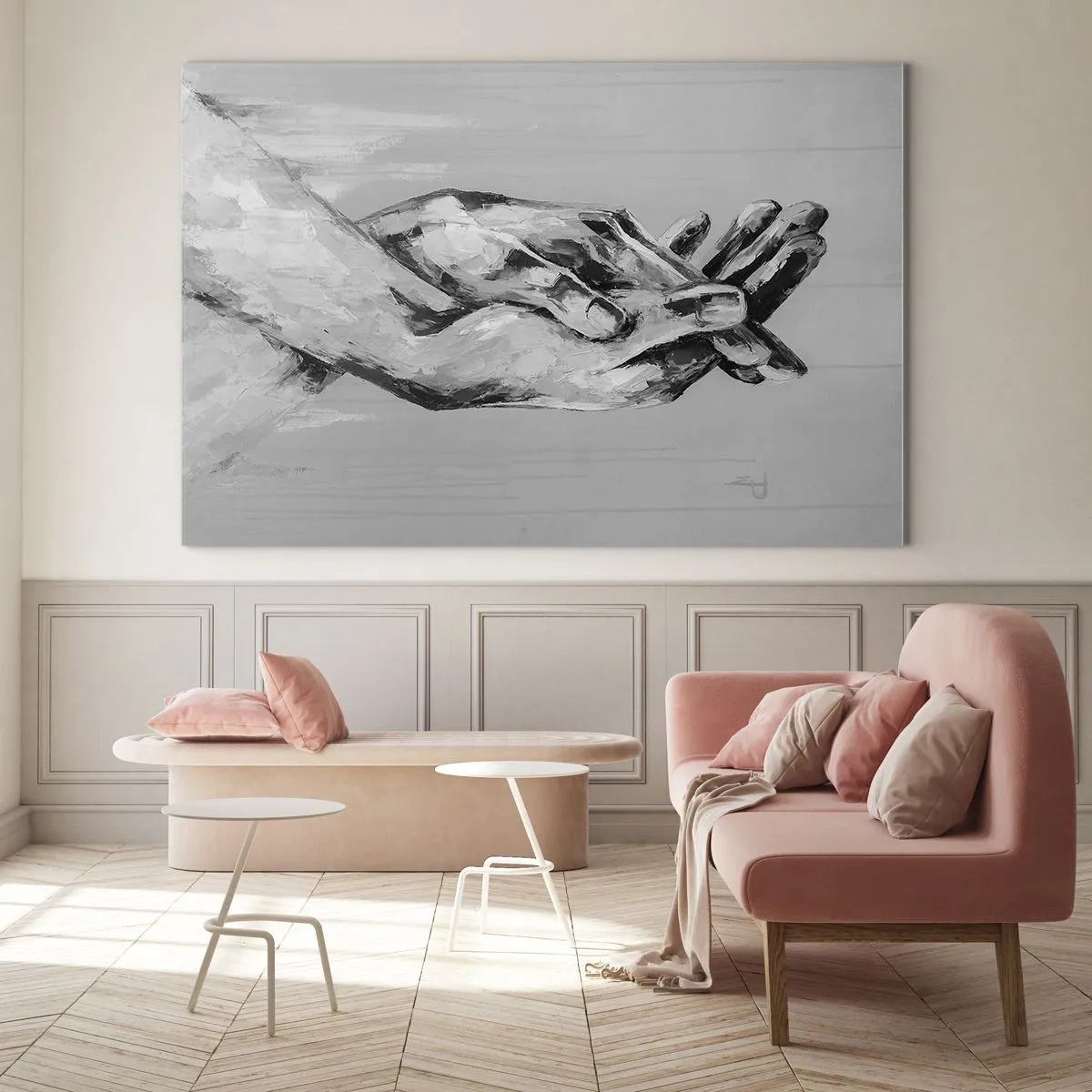Glass picture - Black and white painting of two hands reaching for each other - 70x50cm - The Beginning… - Modern wall decoration for the living room and bedroom ARTTOR