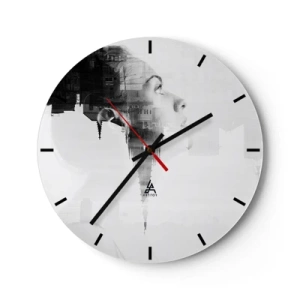 Wall clock - Clock on glass - Portrait of a woman in an artistic composition with an urban motif in the background - 30x30cm - On Both Sides of a Glass - Modern wall decoration for the living room, kitchen, and bedroom ARTTOR