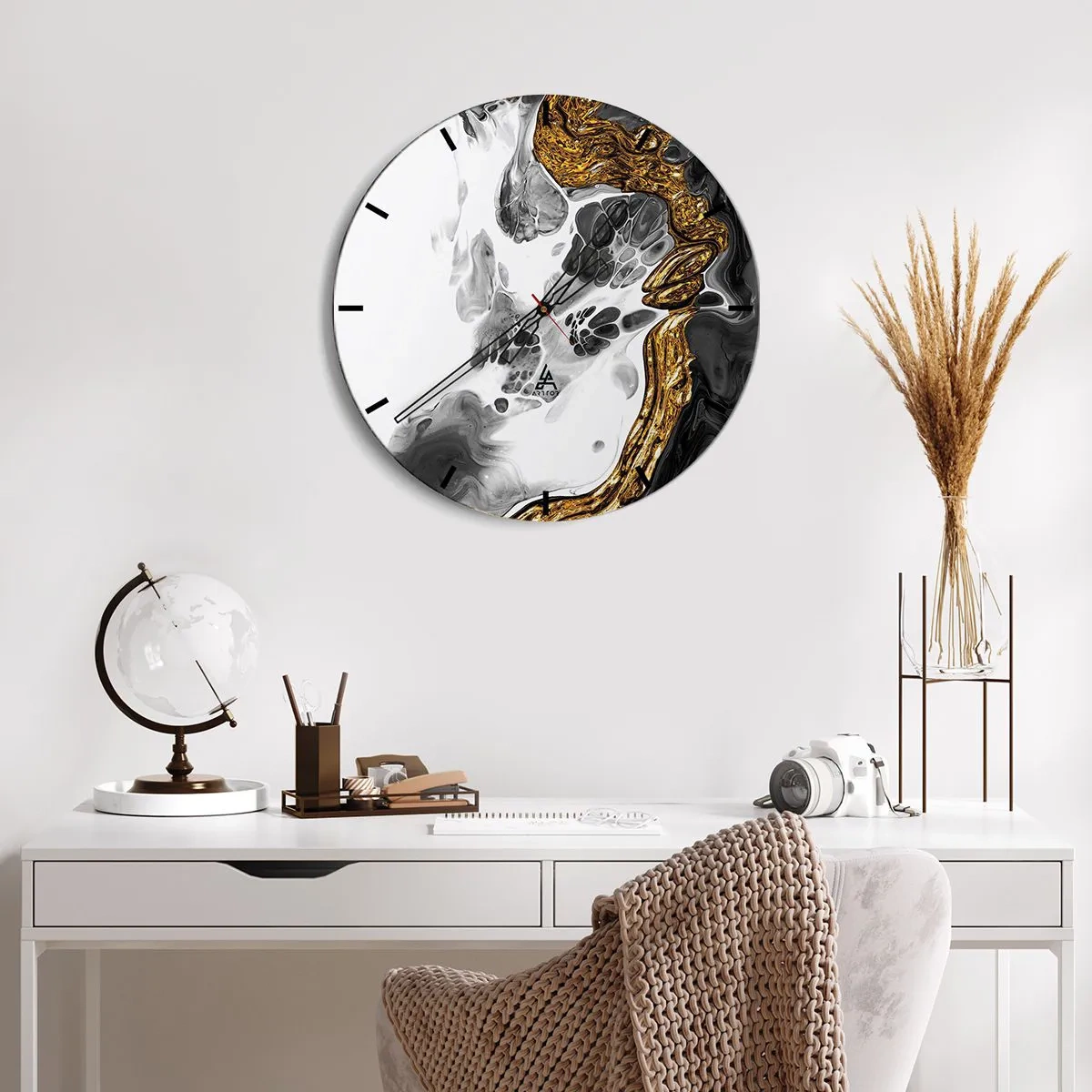 Wall clock - Clock on glass - Abstract composition of gold, white and black - 30x30cm - Limited Composition - Modern wall decoration for the living room, kitchen, and bedroom ARTTOR