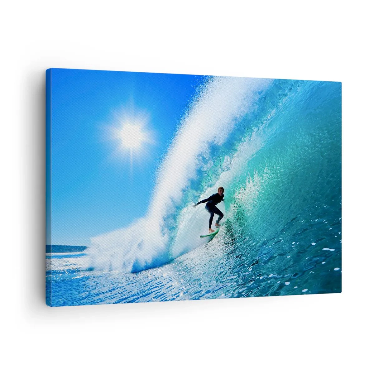Canvas picture - A surfer on a board rides inside a powerful wave under a blue sky. - 70x50cm - Across Great Blue - Modern wall decoration for the living room and bedroom ARTTOR