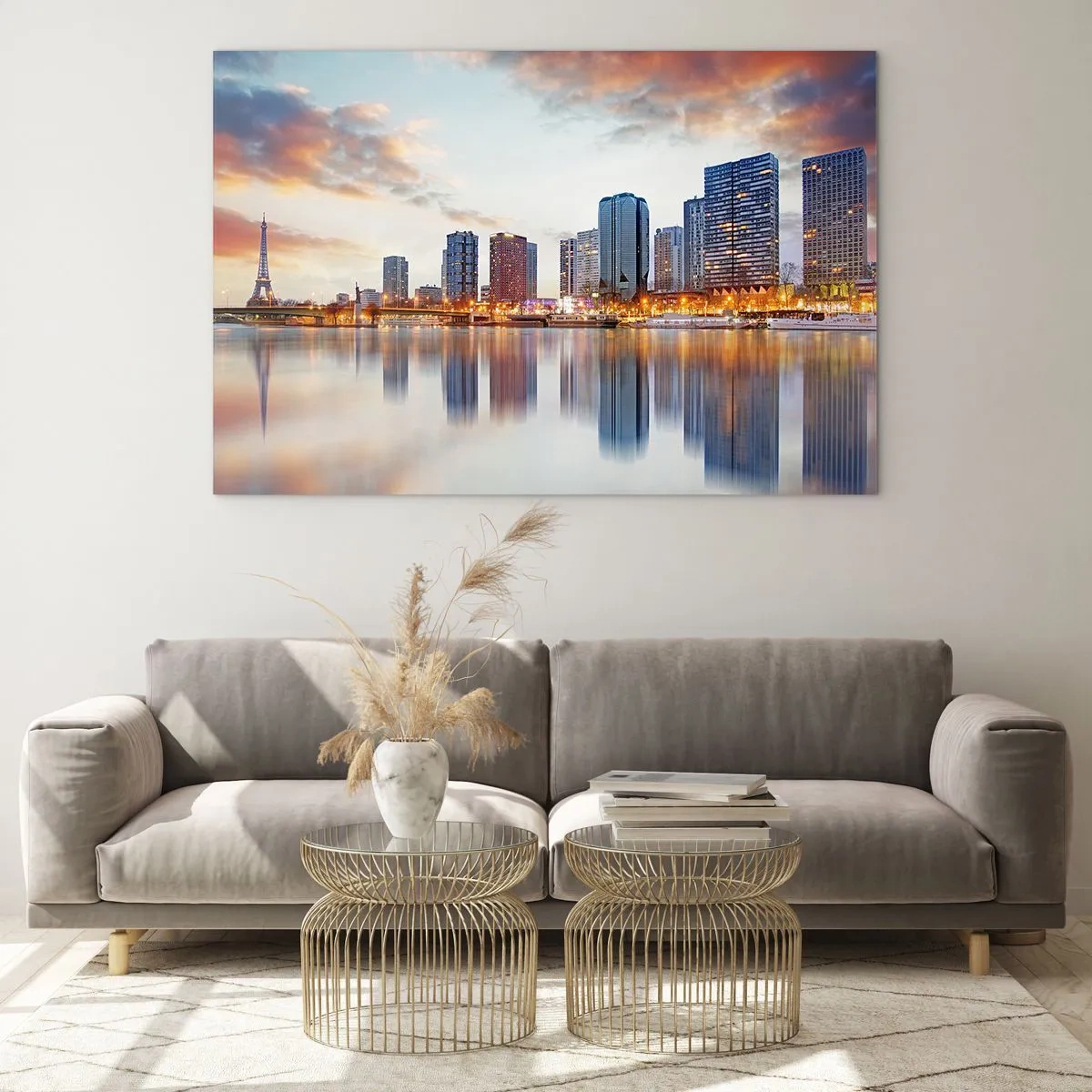 Glass picture - Panorama of Paris with the Eiffel Tower and modern buildings at dusk - 70x50cm - Monumental Peace of Paris - Modern wall decoration for the living room and bedroom ARTTOR