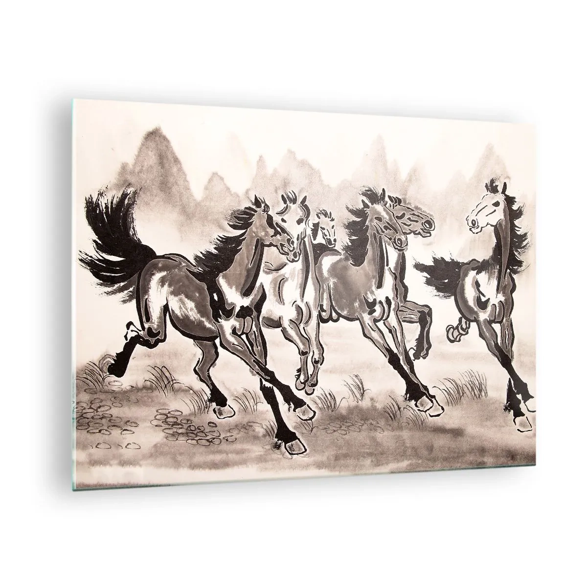Glass picture - A group of galloping horses in the Chinese style - 70x50cm - In Happy Galloping - Modern wall decoration for the living room and bedroom ARTTOR
