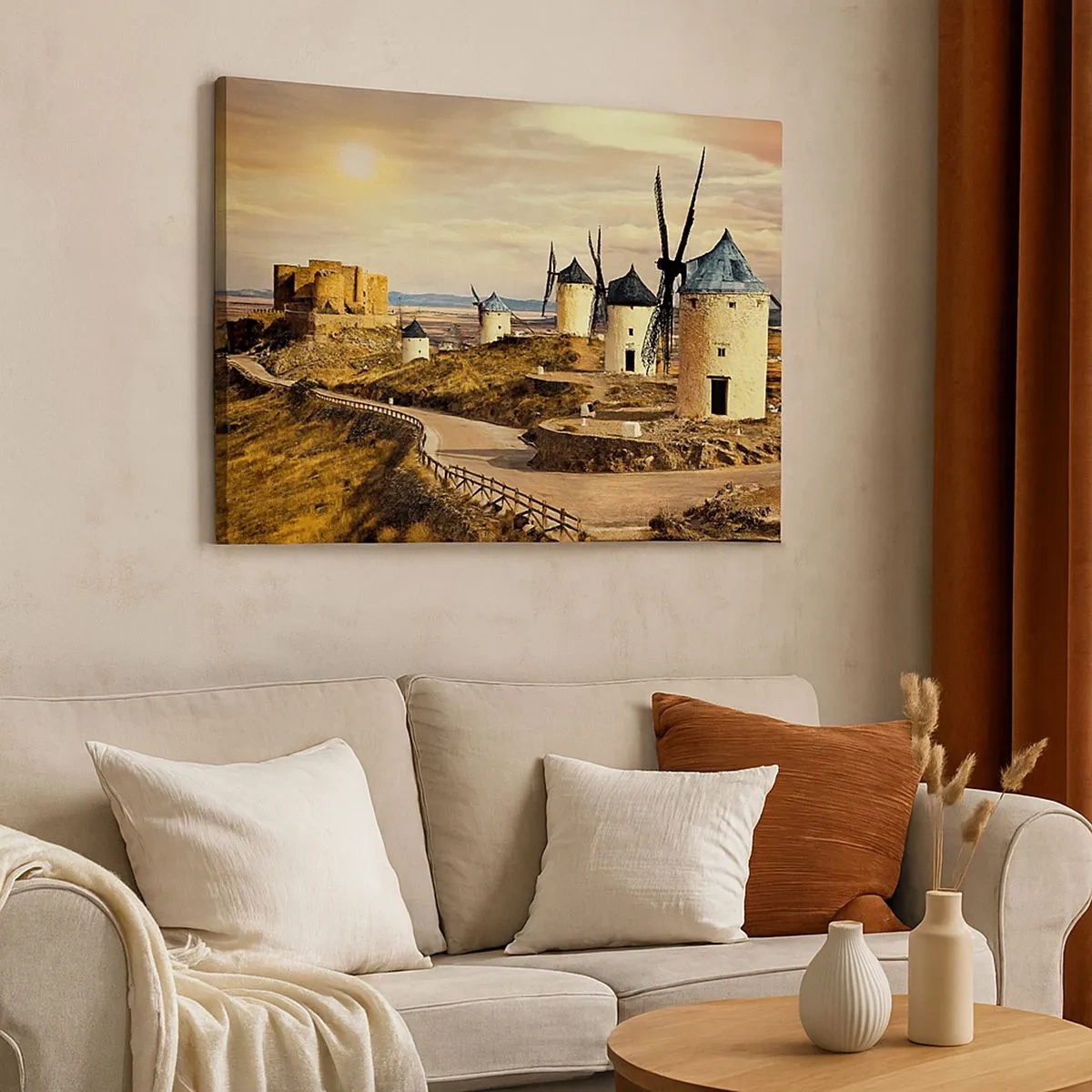 Canvas picture - Windmills on the hills with a historic castle in the background - 70x50cm - Don Quixote Is Coming - Modern wall decoration for the living room and bedroom ARTTOR