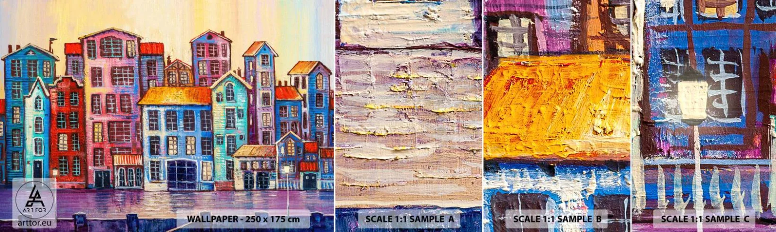 Photo Wallpaper Sample Self-Adhesive Deluxe Sticker - City Like From a Fairytale - Piece, Tenement houses, City - 100x30 cm