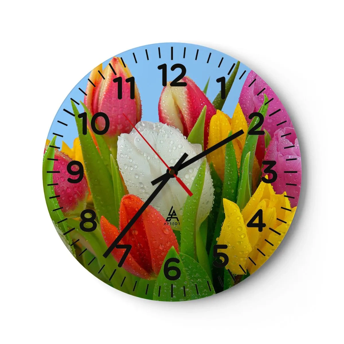 Wall clock - Clock on glass - Floral Rainbow in Dew Drops - 30x30 cm