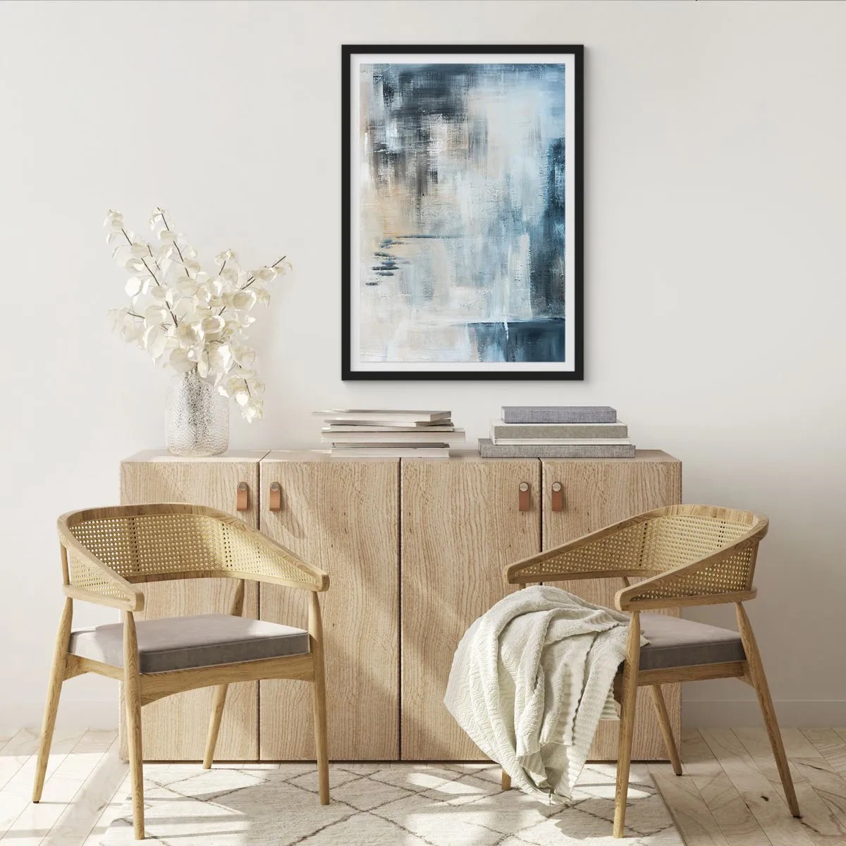 Poster in black frame - Abstract composition in shades of blue and beige - 50x70cm - Behind the Curtain of Blue - Modern wall decoration for the living room and bedroom ARTTOR