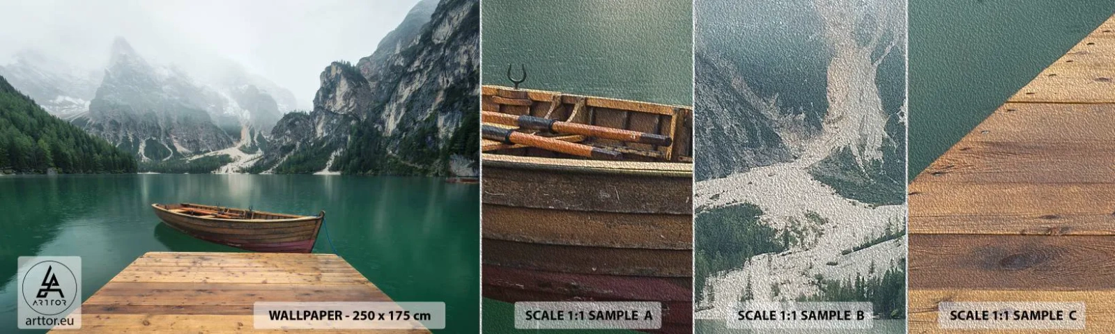 Photo Wallpaper Sample Premium Sand - Boat Found Solitude - Landscape, Mountains, Lake - 100x30 cm