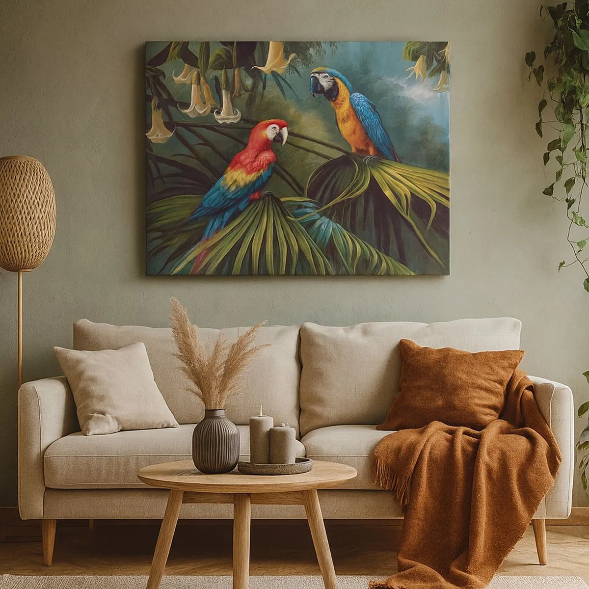 Canvas picture - Parrots in a tropical forest with exotic flowers in the background - 70x50cm - Romanticism in Tropics - Modern wall decoration for the living room and bedroom ARTTOR
