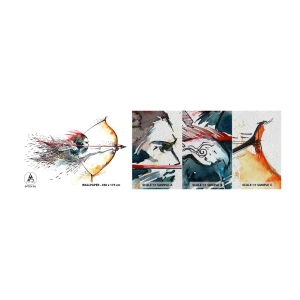 Photo Wallpaper Sample Premium Sand - Mythical Warrior with a Fiery Bow - Abstraction, Gunman, Bow Shot - 100x30 cm