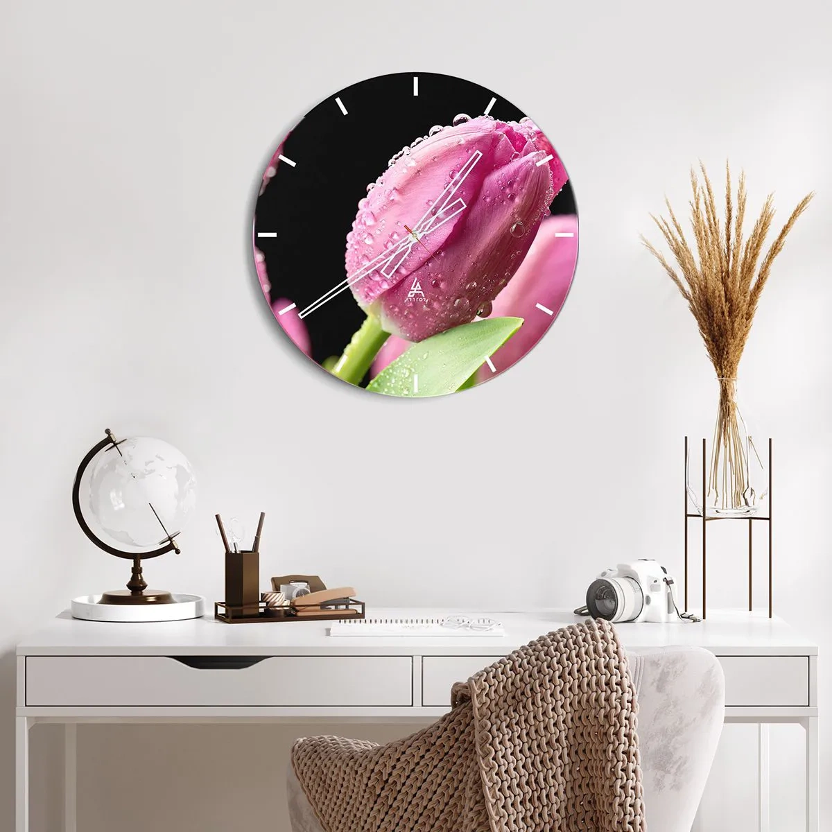 Wall clock - Clock on glass - A pink tulip covered with dew drops on a dark background. - 30x30cm - Lilac Dream in a Dew - Modern wall decoration for the living room, kitchen, and bedroom ARTTOR