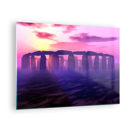 Glass picture - Stonehenge in the light of a pink sunset - 70x50cm - Secret at a Foggy Dawn - Modern wall decoration for the living room and bedroom ARTTOR