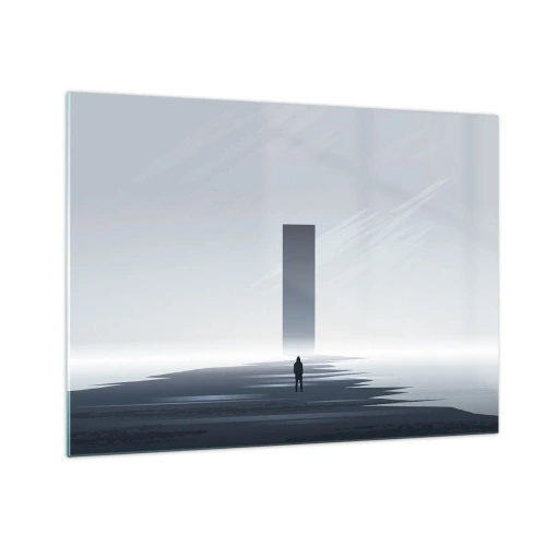 Glass picture - A minimalist landscape with a figure and a monolith in the distance. - 70x50cm - Opportunity or Threat? - Modern wall decoration for the living room and bedroom ARTTOR
