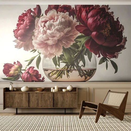 Photo Wallpaper Premium Sand - In Full Bloom of Beauty - Bouquet of flowers, Vase, Peonies - 100x70 cm