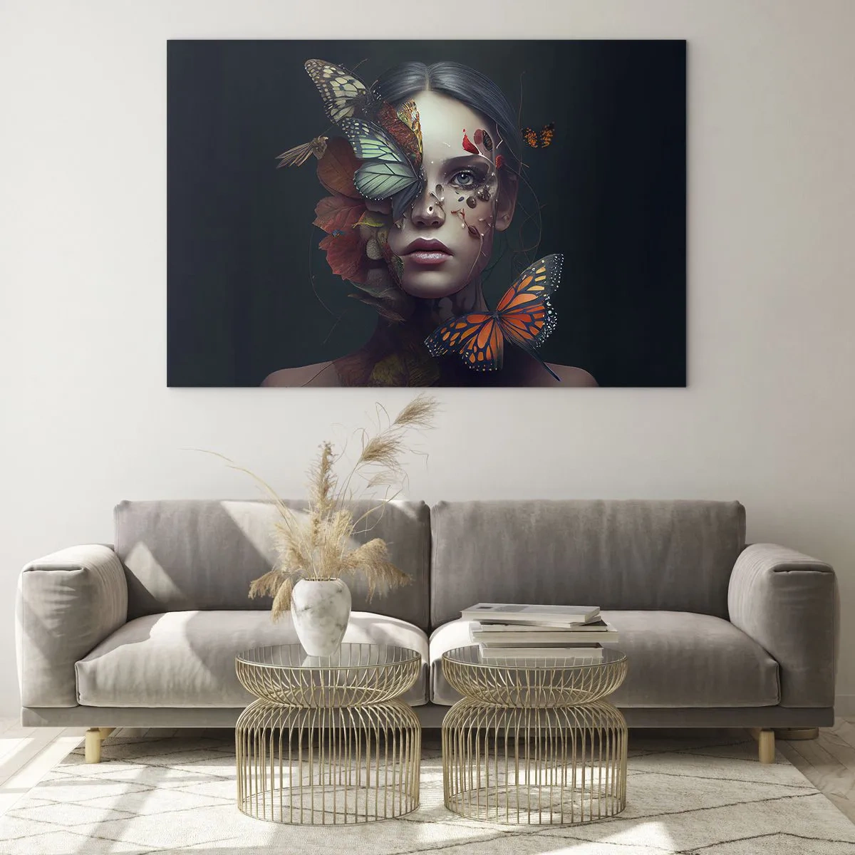 Glass picture - A woman's face with butterflies and leaves in an artistic composition - 70x50cm - Wonderful Metamorphosis - Modern wall decoration for the living room and bedroom ARTTOR