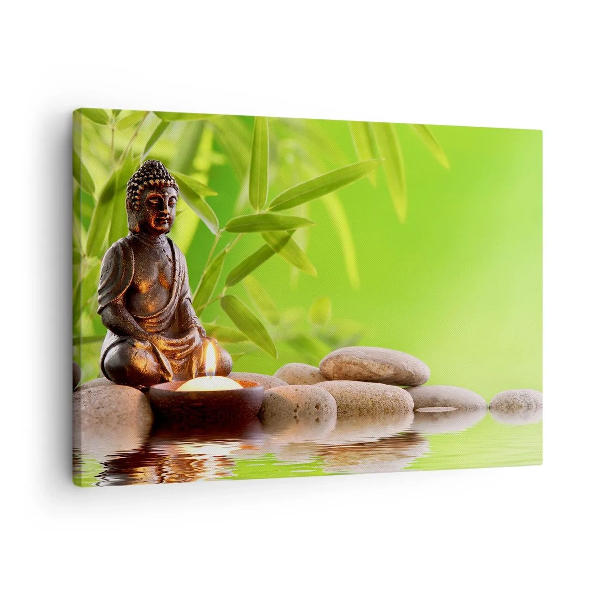 Canvas picture - Buddha figure with stones and a candle against a bamboo background - 70x50cm - Life Is Beautiful - Modern wall decoration for the living room and bedroom ARTTOR