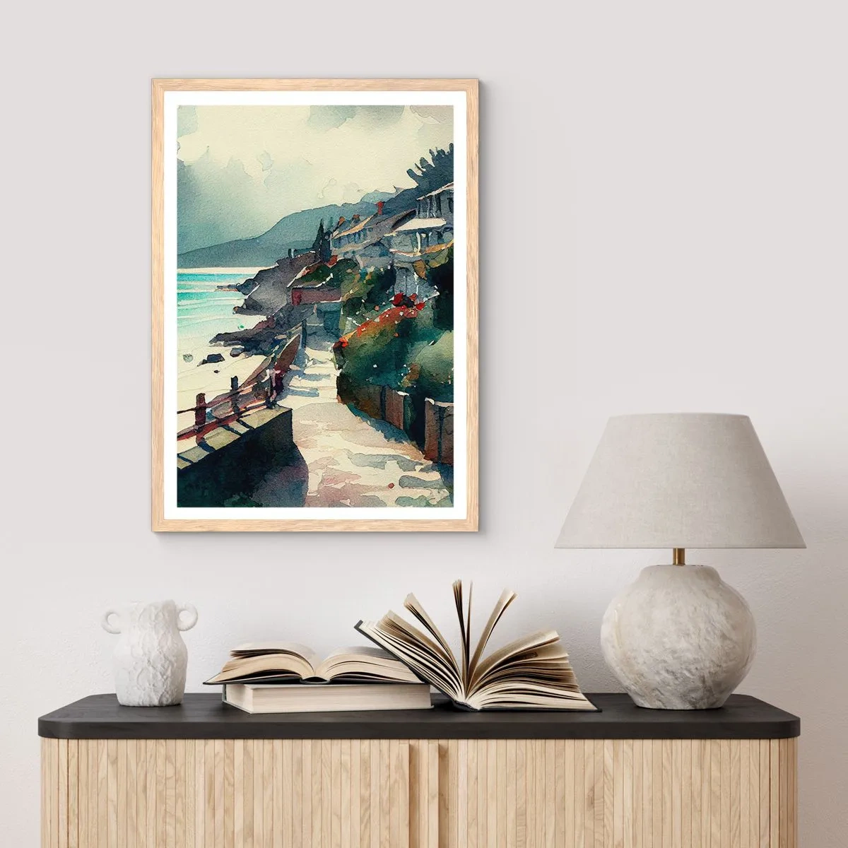 Poster in light oak frame - Mediterranean Town - 30x40 cm