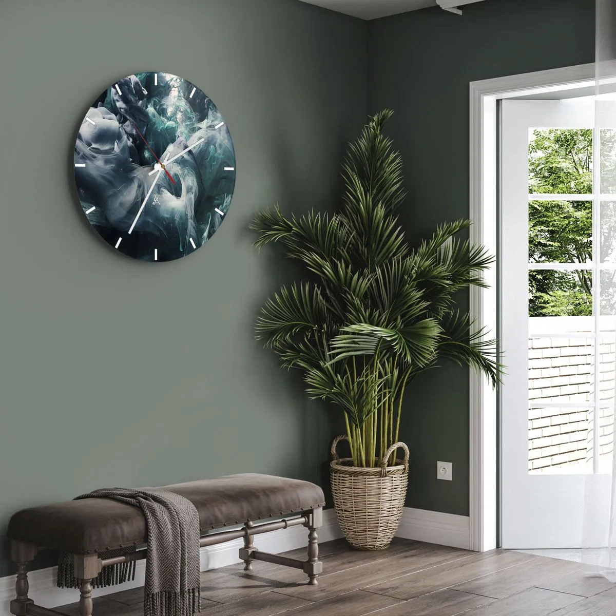 Wall clock - Clock on glass - An abstract composition of smoke and paint in green and gray tones. - 30x30cm - Movement of Colour - Modern wall decoration for the living room, kitchen, and bedroom ARTTOR