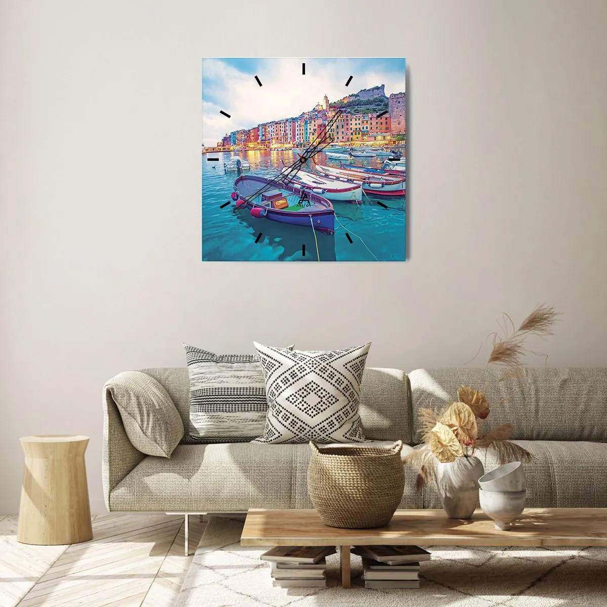 Wall clock - Clock on glass - Colourful Evening in a Port - 30x30 cm