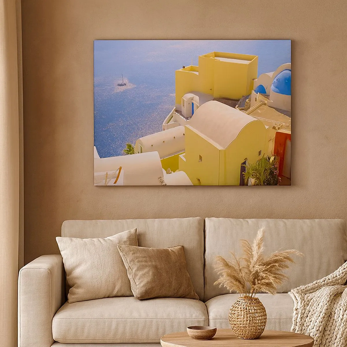 Canvas picture - Greek architecture with a sea view and a boat in the background - 70x50cm - Greek Landscape in White and Blue - Modern wall decoration for the living room and bedroom ARTTOR