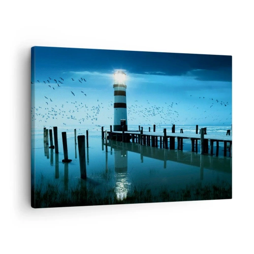 Canvas picture - The lighthouse at the pier illuminated at night - 70x50cm - And You Are Not Afraid of Darkness - Modern wall decoration for the living room and bedroom ARTTOR