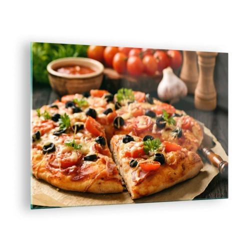Glass picture - Appetizing pizza with tomatoes, olives and herbs - 70x50cm - You Baked It Again - Modern wall decoration for the living room and bedroom ARTTOR