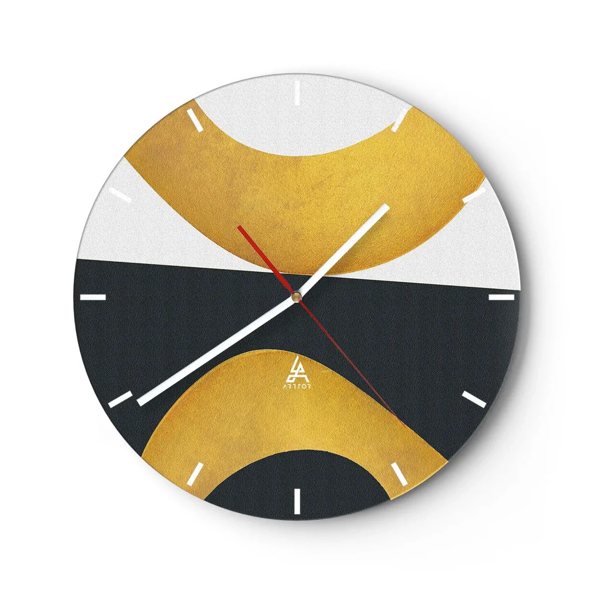 Wall clock - Clock on glass - Abstract golden shapes on a black and white background - 30x30cm - First Of All: Gold - Modern wall decoration for the living room, kitchen, and bedroom ARTTOR