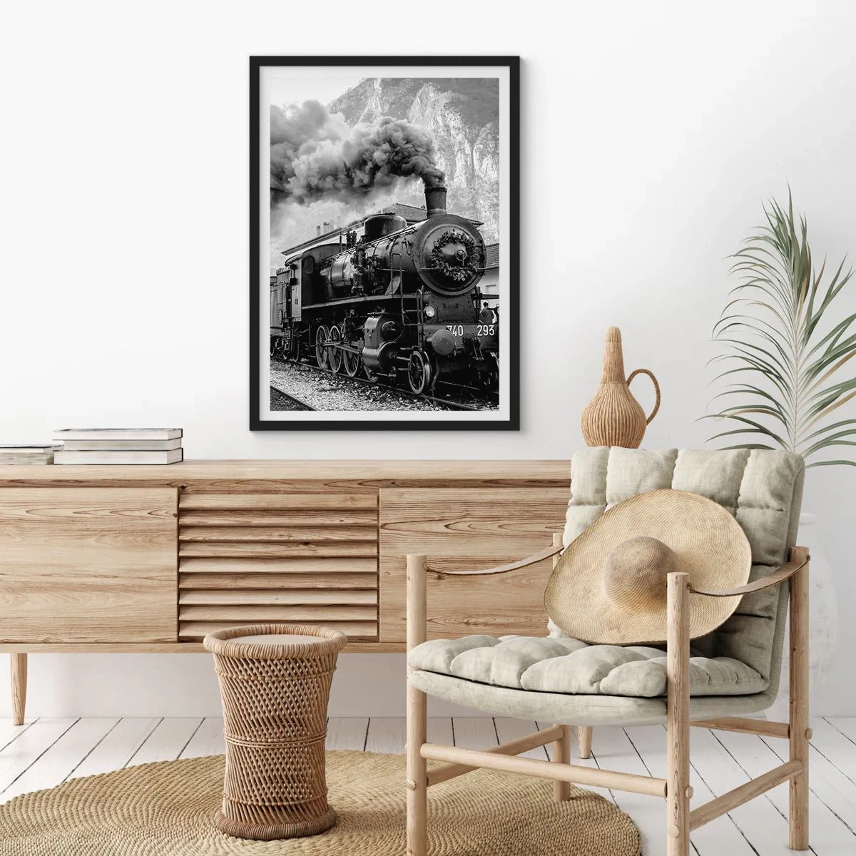 Poster in black frame - A steam locomotive with rising steam in a mountainous setting - 50x70cm - Standing at the Station... - Modern wall decoration for the living room and bedroom ARTTOR