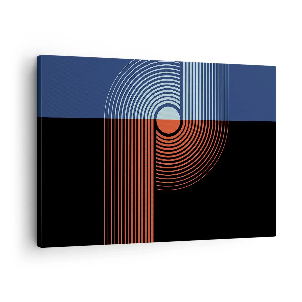 Canvas picture - Geometric abstraction with lines in navy blue and orange. - 70x50cm - In a Geometrical Embrace - Modern wall decoration for the living room and bedroom ARTTOR