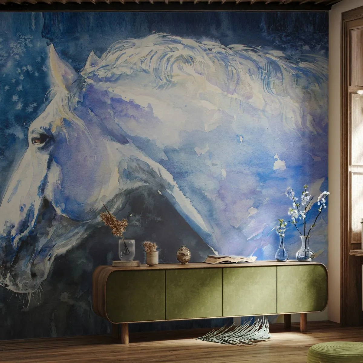 Self-Adhesive Photo Wallpaper Deluxe Sticker - Portrait in Blue Light - Horse, Painting, Animals - 200x140 cm