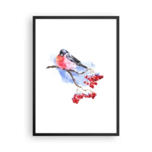 Poster in black frame - A bird on a branch with red fruit - 50x70cm - Winter in Colour - Modern wall decoration for the living room and bedroom ARTTOR