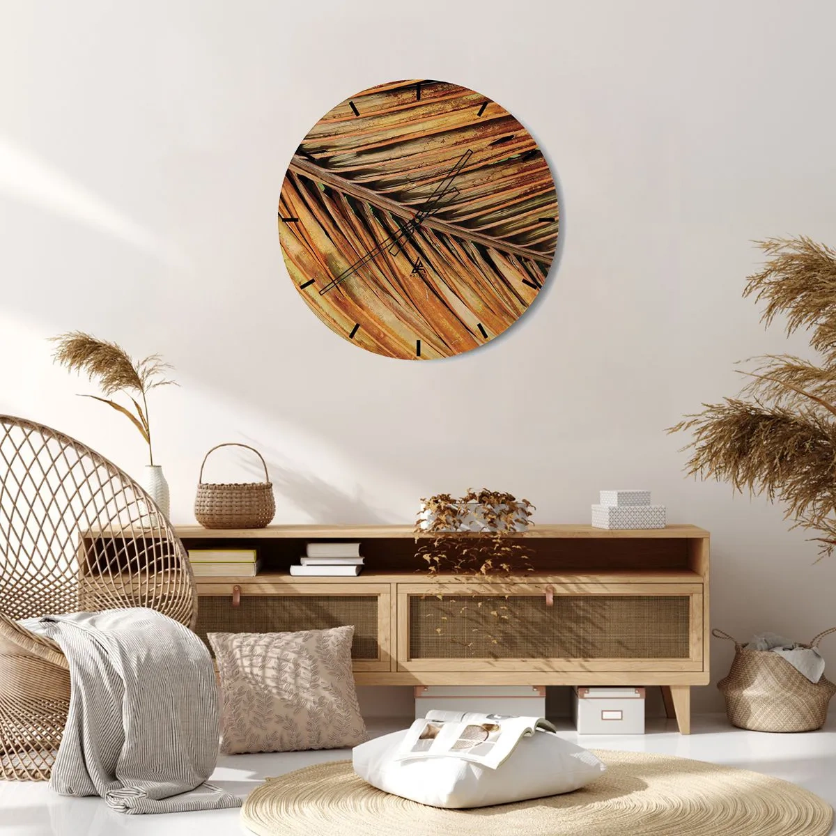 Wall clock - Clock on glass - A close-up of a dried, golden palm leaf. - 30x30cm - Coconut Gold - Modern wall decoration for the living room, kitchen, and bedroom ARTTOR