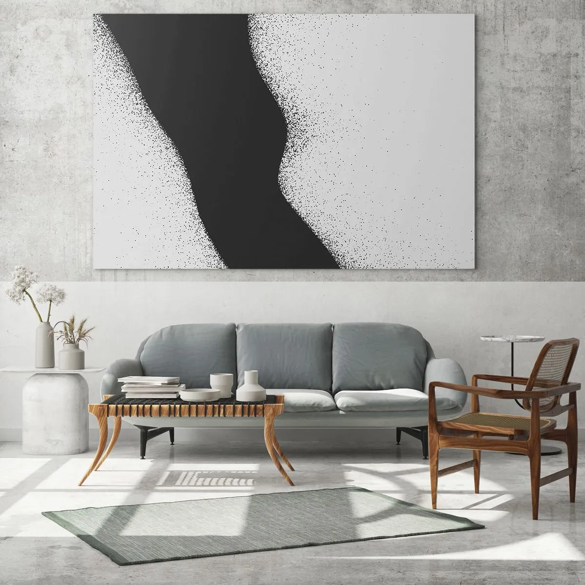 Glass picture - Minimalist black and white abstraction with a point gradient - 70x50cm - Fluid Balance - Modern wall decoration for the living room and bedroom ARTTOR