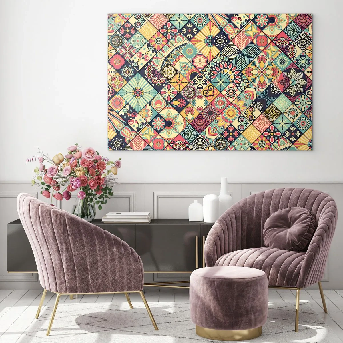 Glass picture - A colorful pattern inspired by Moroccan tiles with geometric motifs - 70x50cm - Moroccan Style - Modern wall decoration for the living room and bedroom ARTTOR