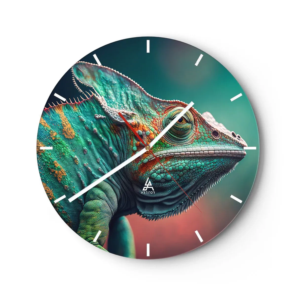 Wall clock - Clock on glass - A close-up of a colorful chameleon against a green and pink background. - 30x30cm - Can You See Me? That's Too Bad... - Modern wall decoration for the living room, kitchen, and bedroom ARTTOR