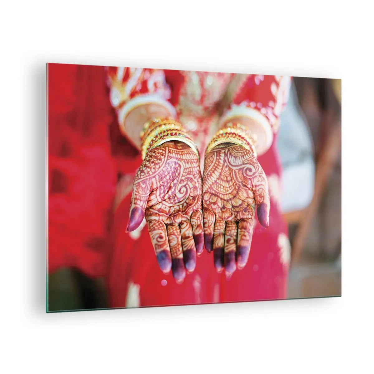 Glass picture - Hennaed hands in traditional attire against a red background - 70x50cm - Readt to Catch Happiness - Modern wall decoration for the living room and bedroom ARTTOR