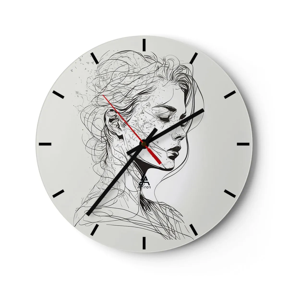 Wall clock - Clock on glass - Black and white sketch of a woman's face in thought - 30x30cm - Portrait in Thoughts - Modern wall decoration for the living room, kitchen, and bedroom ARTTOR