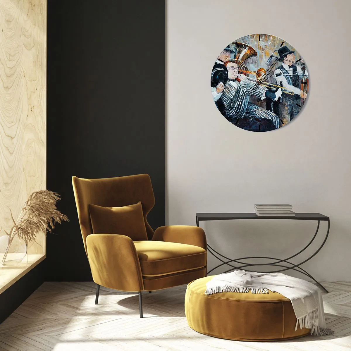 Wall clock - Clock on glass - A jazz band from an artistic perspective - 30x30cm - All That Jazz - Modern wall decoration for the living room, kitchen, and bedroom ARTTOR