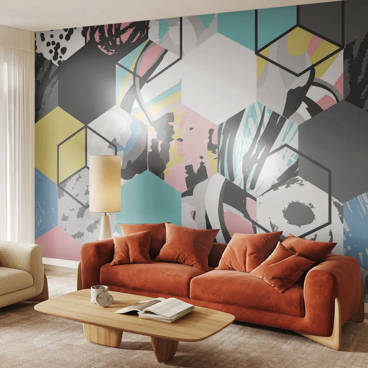 Custom Wallpaper Premium Canvas - Hexagons and Cubes in Six Colours - Abstraction, Piece, Modern Pattern