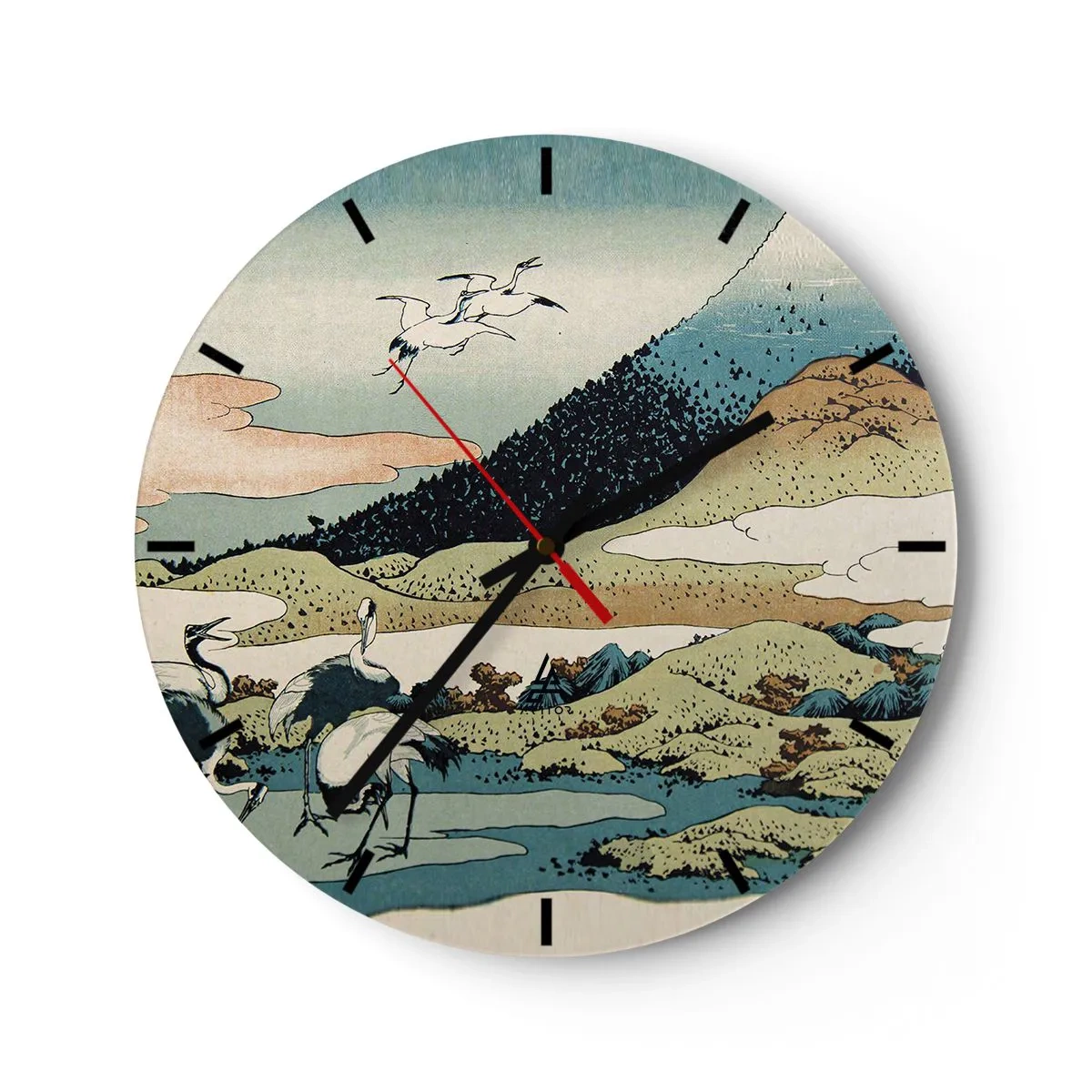 Wall clock - Clock on glass - Japanese scene with birds against a mountain landscape - 30x30cm - In a Japanese Spirit - Modern wall decoration for the living room, kitchen, and bedroom ARTTOR