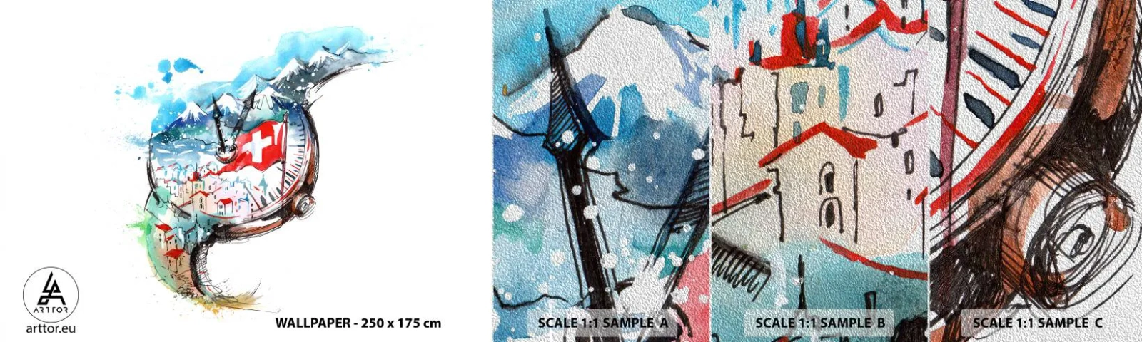 Photo Wallpaper Sample Premium Sand - Spirit of Switzerland - Abstraction, Swiss Watch, Alps - 100x30 cm